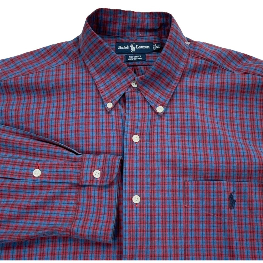 Vintage Ralph Lauren Big Oxford Shirt Men XL Red Blue Plaid Button Up Dress OCBD